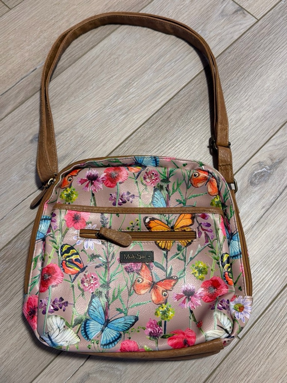 Multisac Floral & Butterfly Shoulder Bag in Pink and Tan